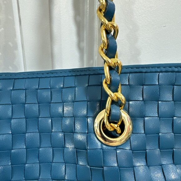 Joan Rivers Slouchy Teal Faux Leather Woven Tote Shoulder Bag Gold Chain Strap L - Picture 4 of 16